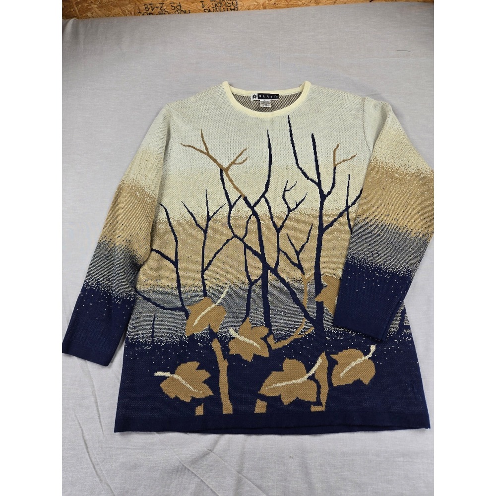 Blast Vintage Womens XL Navy Blue Tan Nature Landscape Metallic Crewneck Sweater